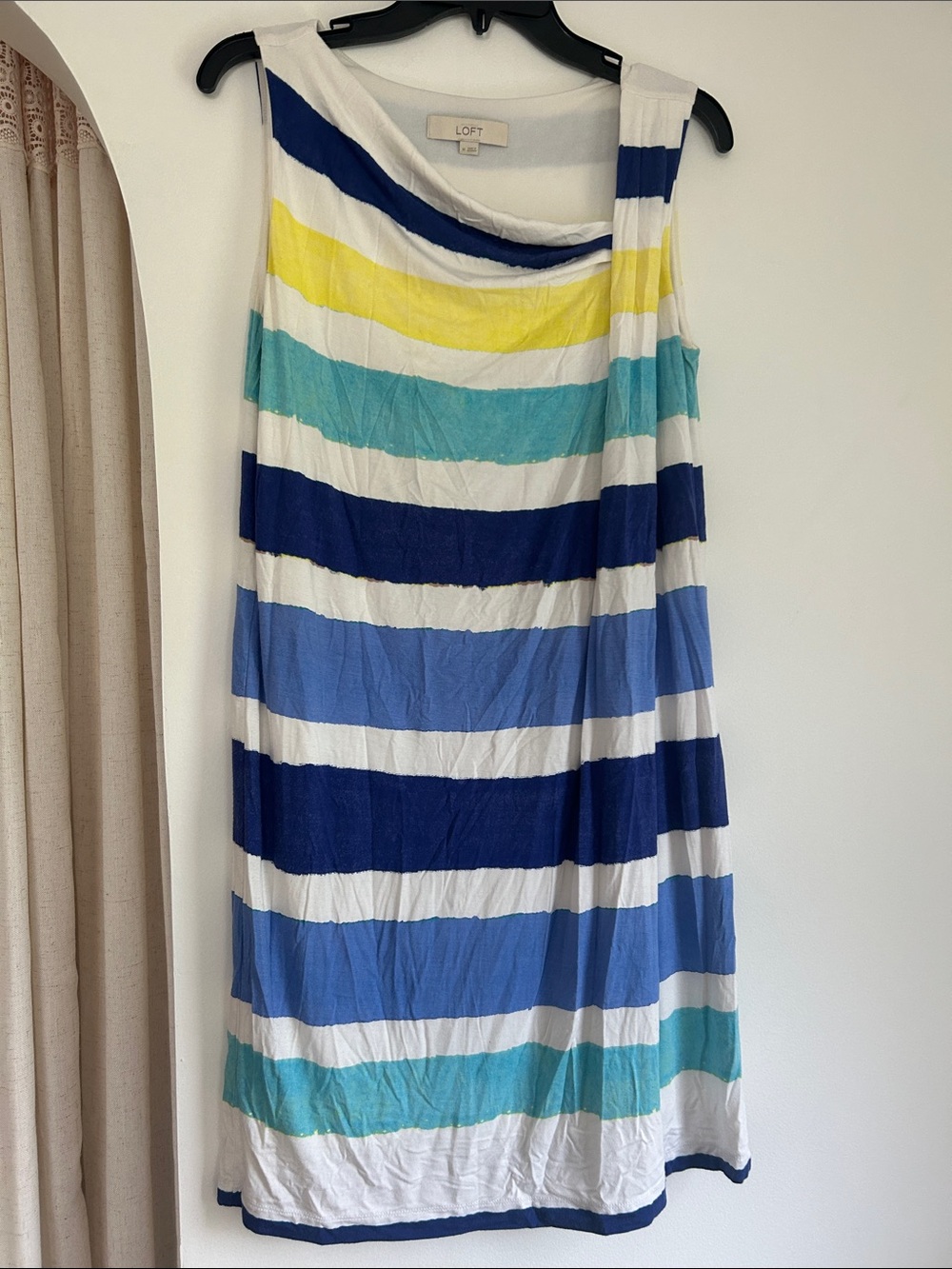 LOFT Sleeveless Striped Knit Dress in White, Navy, Yellow
